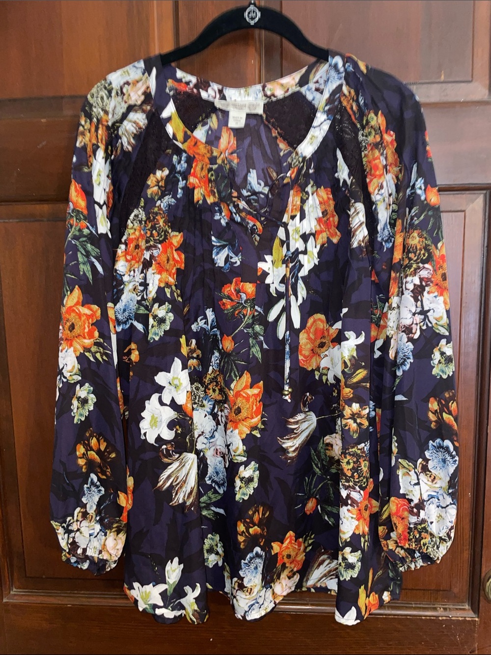 Vintage America Navy Floral Peasant Blouse with Orange & White Blooms